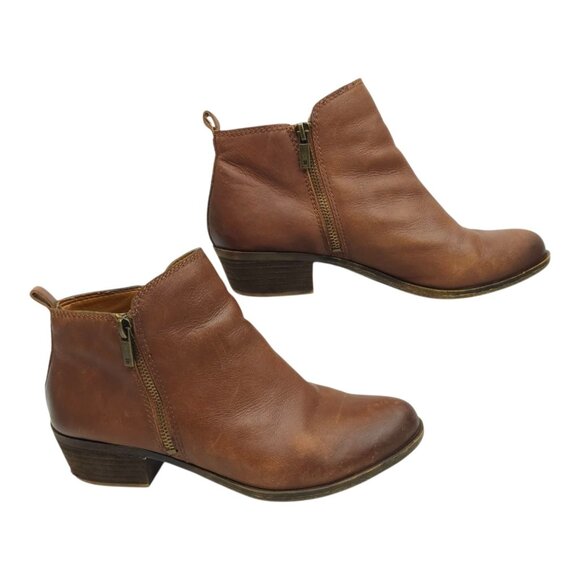 Lucky Brand Basel Ankle Boots Womens 10M Side Zip Toffee Leather Stacked Heel - Picture 12 of 16